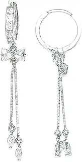 [JewelryWeb] 14k White Gold CZ Simulated Diamond Double Chain Bow Hinged Long Drop Dangle Earrings 45x13mm-Dangle Earring for Women and Men