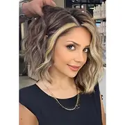 Natalie Portman Wig Color Synthetic Wavy BoB Wigs for Black Women Side Part Short Curly Wavy Bob Wigs Shoulder Length Wig 10 Natural Black Bob Wavy Wigs for Da