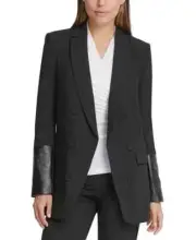 DKNY Petite Mixed-Media-Sleeve Open-Front Peak-Collar Blazer Women's 12P Black