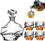 5 Pack Tsuki Glass Whiskey Decanter Set, Tsuki Glass, Glacier Mountain Whiskey Glasses and Liquor Decanter, Japanese Old Fashioned Glasses,Rocks Glasses Set Bourbon Gifts for Christmas for Father Men