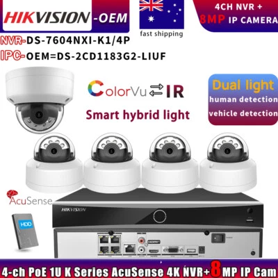 Hikvision OEM 8MP Dome ColorVu 4K IP Camera DS-7604NXI-K1/4P NVR CCTV System Lot