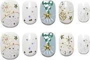 Sun&Beam Nails Handmade Press-on Short Square Round Christmas White Gold Green False Nail Tips Hand-drawn Design Fashionable 10 Pcs Set (#165 S)