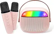 Karaoke Machine for Kids Adults, Portable Bluetooth Mini Karaoke Microphone Singing Speaker with 2 Wireless Mic and Light,Toys for All Smartphones,Birthday, Family,Home Party (Pink)