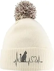 [Purple Print House] Cat Heartbeat Hat - Bobble Beanie Hat - Cat Owner Gifts for Girls - Winter Beanie Hat with Cute Cat Design Embroidered On The Front
