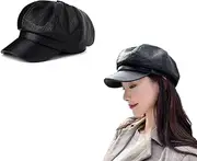 [Generic] PU Leather Newsboy Octagonal Berets, Black Peak Baker boy Hats, French Solid-Color Artist Painter Hats, and Retro and Elegant Brim Basque Berets Suitable for Ladies and Girls.