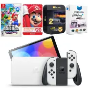 Nintendo Switch White OLED + Super Mario Bros. Wonder Game + $20 eShop Gift Card