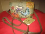New Anuschka HandPainted Leather Flap-over Convertible Clutch W/ Removable Strap