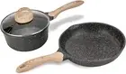 (Grey, 3Pcs Cookware Sets) JEETEE Nonstick Pots and Pans Set, Induction Granite