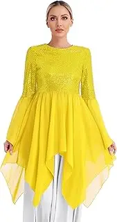 [Manyakai] Women's Sequins Chiffon Praise Dance Tunic Tops Long Flare Sleeve Worship Church Dance Overlays