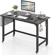 1.2m Black Mobile Computer Desk with Storage Bag and Hooks, Engineered Wood Home Office Writing Study Gaming Workstation, Powder-Coated Metal Frame, Lockable Wheels