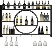 Wall-Mounted Wine Racks, Metal Cocktail Cabinet with Stemware Hanger, Bar Wine Rack, Modern Wine Display Rack, Multifunctional Wine Glass Rack for Home Bar Room Kitchen Restaurant(Black)