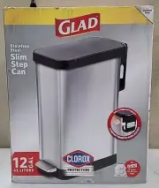 NEW Glad Trash Can 19.43"x9.8"x24.3" 12 Gal. Slim Stainless Steel Step-On Indoor