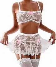 [Generic] Women's Lingerie Sets 3 Pieces Sexy Wireless Underwire Ruffle Floral Trim Mini Skirt Lingerie Dress Teddy Bodysuits