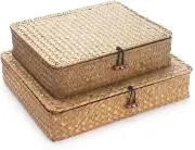 Seagrass Storage Baskets with Lid, Flat Wicker Basket, Rattan Storage Bins, S...