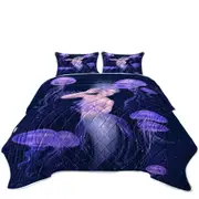 Underwater Art Purple Jellyfish and Mermaid Coverlet