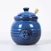 Ceramic Honey Pot with Lid and Dipper, 20oz rustic Honey Jar (Blue)