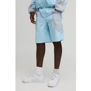 Mens Blue Elasticated Waist Relaxed Fit Colour Block Nylon Short