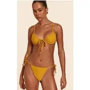 Mustard Ruched Front Tie Side Bikini Bottoms, Mustard
