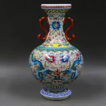 清乾隆年制粉彩描金萬花不落地四方花瓶仿古觀賞瓷器擺件古董古玩
