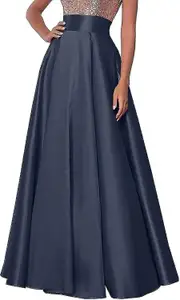 Women Solid Satin Long Skirt Elasticated Waist Elegant Banquet Party Evening Wedding High Waist Long Skirt Colour Navy L