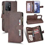 Compatible With Xiaomi Mi 11t/11t Pro Cover Zipper Magnetic Wallet Card Holder Pu Leather Flip Case Brown A
