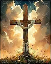 Christian Paint by Numbers Kit for Adults - DIY Wooden Cross with White Cloth and Flowers Painting on Canvas 16x20 Inches, Acrylic Paint Set, Suitable for Beginners, Art for Decoration/Gifts