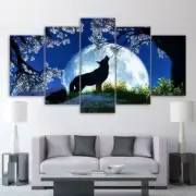 Full Moon Howling Wolf Framed 5 Piece Canvas Wall Art Image Picture Wallpaper Mu
