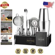 Elegant Bartender Kit: 14 Stainless Steel Tools & Acrylic Stand for Mixologists