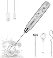 YUSWKO Rechargeable Milk Frother Handheld with 3 Heads, Silver Coffee Electric Whisk Drink Foam Mixer, Mini Hand Stirrer with 3 Speeds Adjustable for Latte, Cappuccino, Hot Chocolate, Egg
