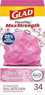 Glad ForceFlexPlus Tall Kitchen Drawstring Trash Bags, 13 Gallon Trash Bag, Febreze Cherry Blossom, 34 Count