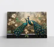 Elegant Peacock Canvas Wall Art Print on Framed Canvas Majestic Blue Gold Green
