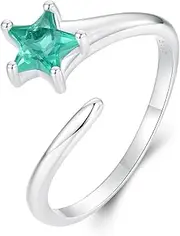 [Dtja] Green CZ Star 925 Sterling Silver Ring for Women Girls Adjustable Expandable Enamel Wedding Promise Statement Beaded Open Wrap Finger Rings Comfort Fit Fashion Cute Birthday Holiday Jewelry Gift,