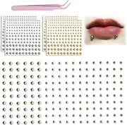 [IKOPFLN] 4 Sheets of 660 Lip Studs, Fake Nose Studs, Eyebrow Studs, Non-Penetrating Nose Studs, Fake Piercing, with Tweezers, Silver and Gold, M, Acrylic