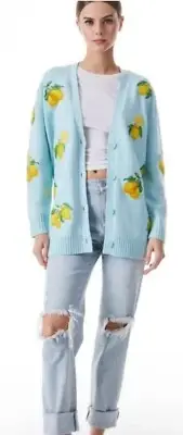 Alice + Olivia BRADFORD LEMON EMBROIDERED GRANDPA CARDIGAN Sz M Powder Blue