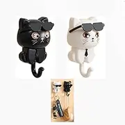 2pack Cat Key Holder, Cute Wall Hooks, Key Holder Wall Mount, Cute Cat Wall Decor, Self-Adhesive Coat Hooks (Black and White)