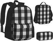 [ERCgad] Black And White Plaid Print Canvas 3-In-1 School Bags Set Backpack Lunch Bag Pencil Case Combo For Men Women, Black, One Size