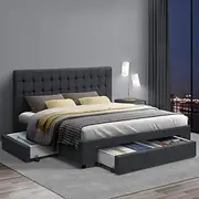 Artiss King Bed Frame Platform Tufted Headboard Frames Beds Base with 4 Storage Drawers Bedroom Room Decor Home Furniture, Upholstered with Charcoal Faux Linen Fabric + Foam + Wood