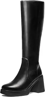 Choiran Black Knee High Boots for Women, Square Toe Chunky Block Heeled Platform Tall Leather Gogo Boots with Side Zipper