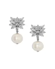 Nadri Sav Cubic Zirconia Cluster & Cultured Freshwater Pearl Clip On Drop Earrings in Rhodium Plated