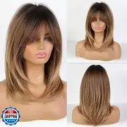 Alanhair Ombre Brown Wigs for Women,Shoulder-Length Layered Wigs with Bangs H