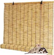Natural Reed Curtains, Bamboo Roller Blinds with Lifter, Light Filtering Roll Up Shades,Straw Curtains,Sun Shades,Roman Blinds,Hand Woven Outdoor/Indoor,Customizable(60x130cm/24x51in)