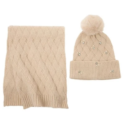 C Wonder by Christian Siriano Pom-Pom Beanie & Scarf Set Sandshell Ivory NWT