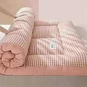 Futon Mattress Roll Up King Size Floor Bed Tatami Foldable Soft Breathable Single Double Student Dormitory Home Mat(Pink Plaid,180cm*200cm)