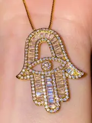 Ladies Gold Iced Evil Eye Lady Hamsa Hand Of Fatima Handmade Pendant Necklace