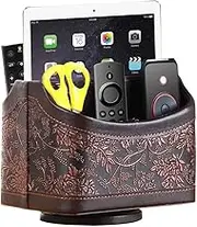 YAPISHI Remote Control Holder Desk Organizer, Spinning Desktop Supply Organizer PU Leather Bedside Storage Box Nightstand Caddy for Media Controllers/TV Guide/Mail/Stationery/iPad/E-reader (Retro Embroidery)