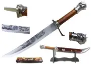 24" Skull Head Pirate Snake Skin Scabbard Steel Sword With Table Stand