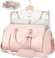 KAPEICamper Garment Bags for Travel, Convertible Suit Travel Bag for Women, Stylish Carry On Garment Bag with Toiletry Pocket, Shoes Compartment, 2 in 1 Foldable PU Leather Duffle Bag (Pink)