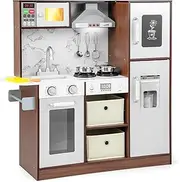 HONEY JOY Kids Kitchen Playset, Modern Toy Kitchen Set w/Attractive Lights & Sounds, Range Hood & Microwave, Ice Maker & Chalkboard, Sink, Towel Rack, Cooking Set for Kids Aged 3 + Years Old