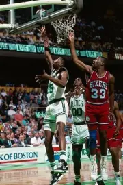 Reggie Lewis Boston Celtics shoots v Hersey Hawkins Philadelphia 7- Old Photo