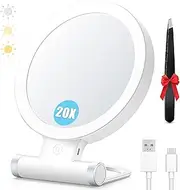 MIYADIVA 20X Magnifying Mirror with Light, Travel Magnifying Mirror, 1X/20X Vanity Mirror with Light, Adjustable Handle Travel Makeup Mirror, Touch Switch Light up Mirror for Plucking Eyebrows
